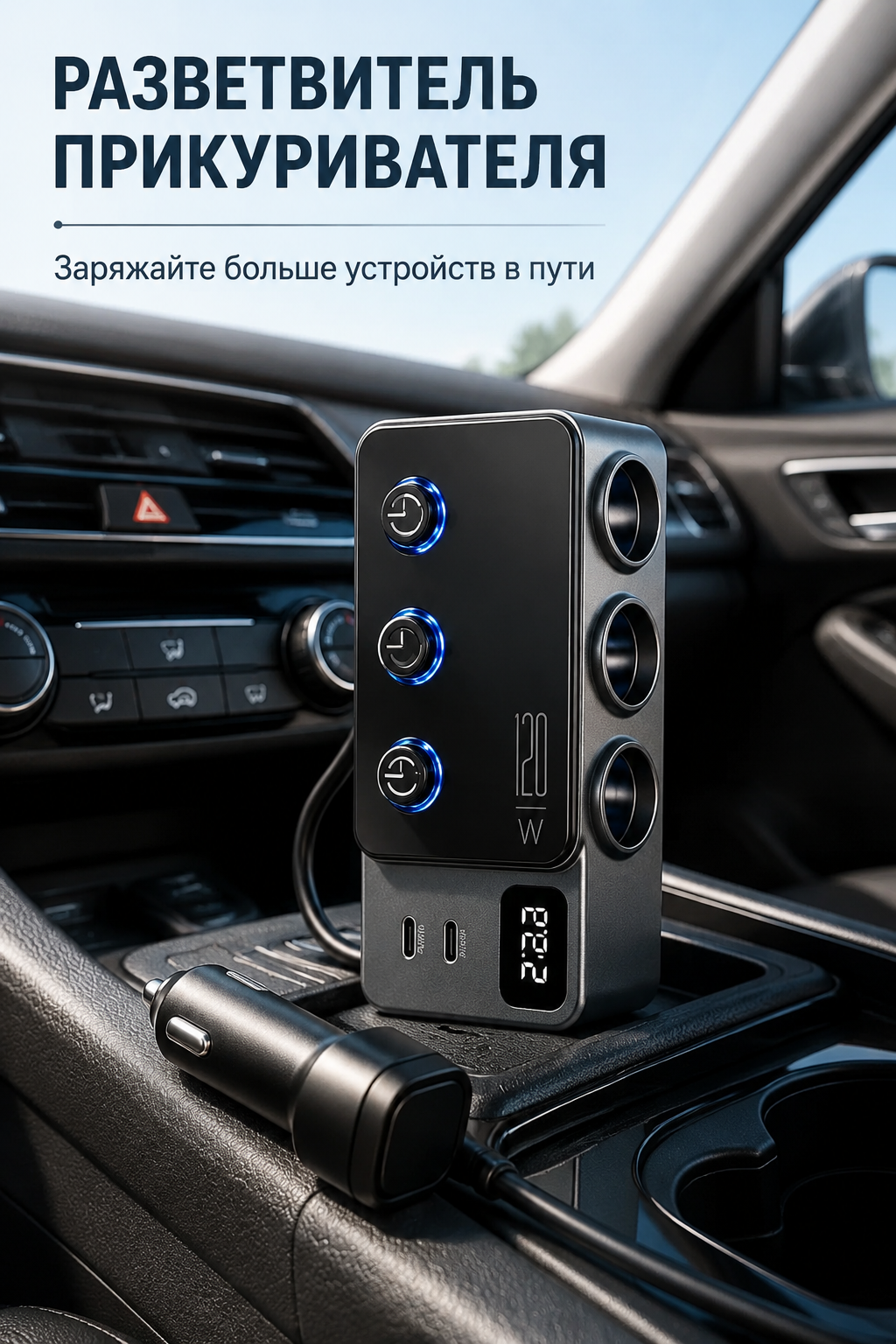 Автомобильный разветвитель прикуривателя с 5 USB и 3 гнездами, 12 В, серый металлик