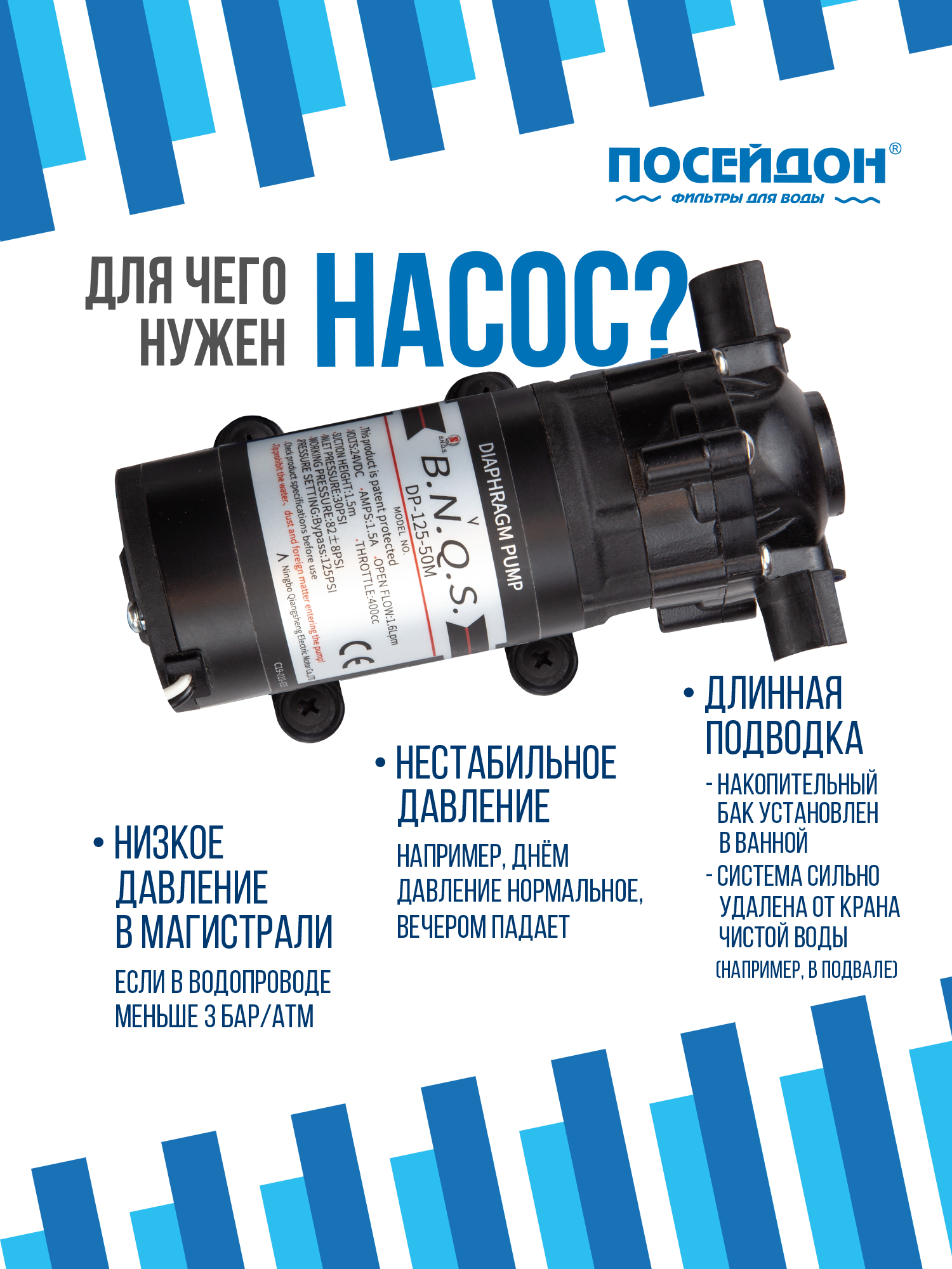 Фильтр для воды под мойку Посейдон осмо астра ПК Н-100М, обратный осмос 100 GPD с насосом и минерализатором, белый — фото 1