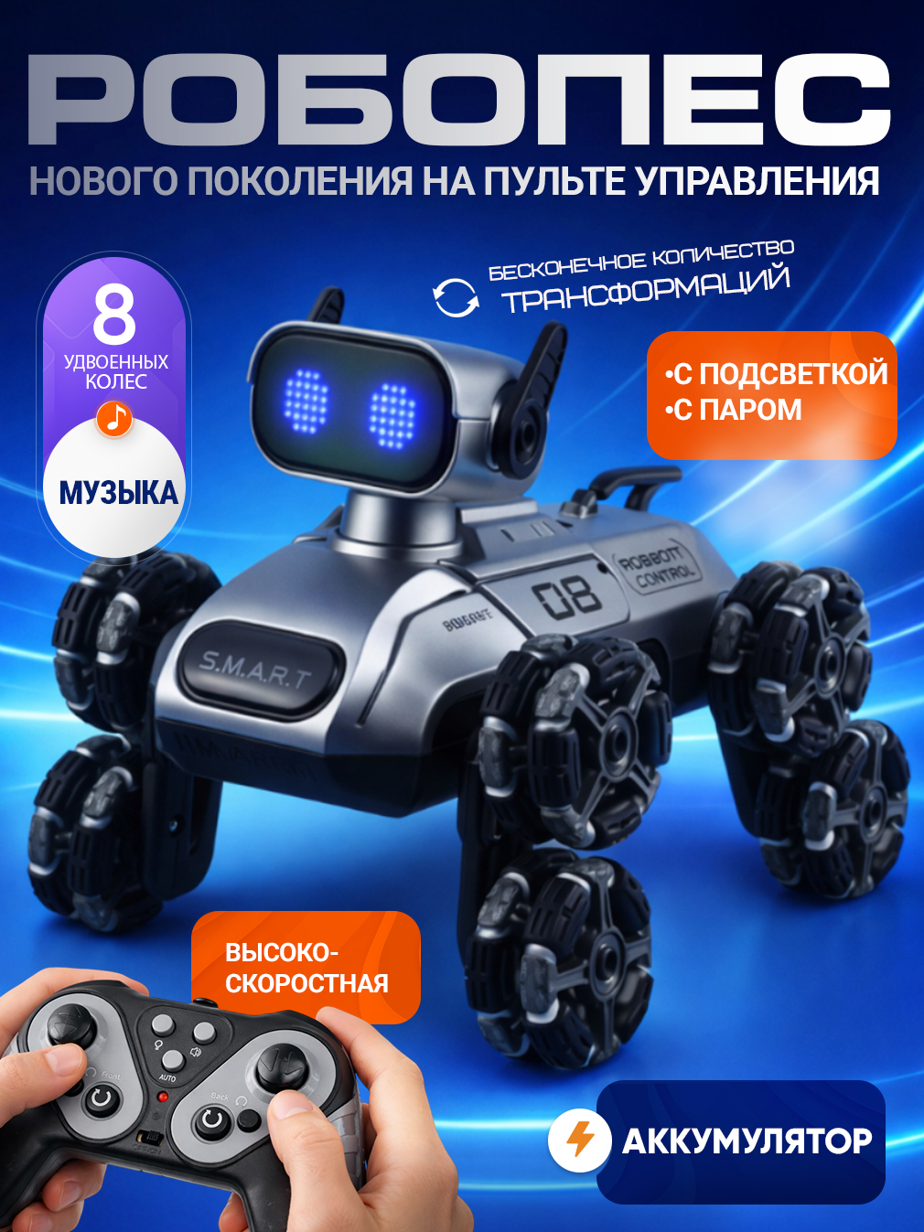 Детская интерактивная игрушка робот собака на пульте управления 23,5 см со светом, звуком, паром