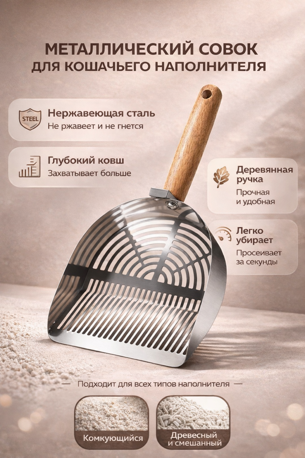 Лопатка для лотка, нержавеющая сталь, деревянная ручка, отверстие для подвешивания