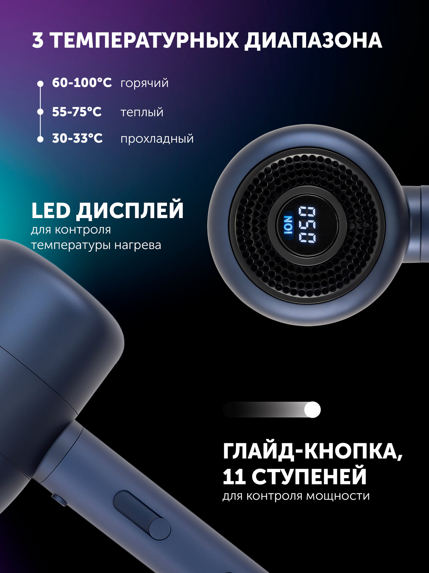 Фен Polaris PHD 2003 Global, съёмный фильтр, ионизация, защита от перегрева, синий — фото 1