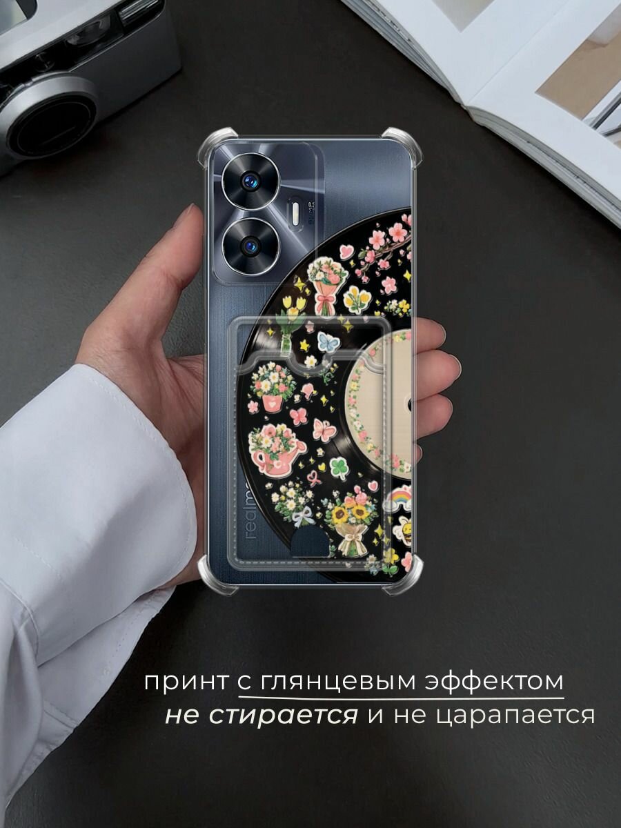 Чехол на Realme C55 (Реалми C55) с картой и принтом Виниловая пластинка с наклейками — фото 1