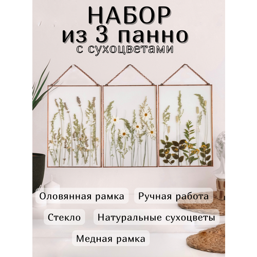 фото Триптих на цепочке 3 панно на стену с сухоцветами forget-me-not медная рама