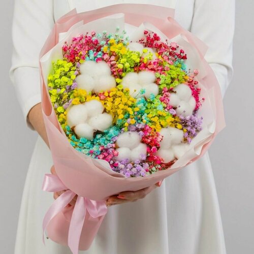 Изображение товара Букет Мегацвет24 "Радужная Гипсофила и хлопок", разноцветный, дизайнерская упаковка