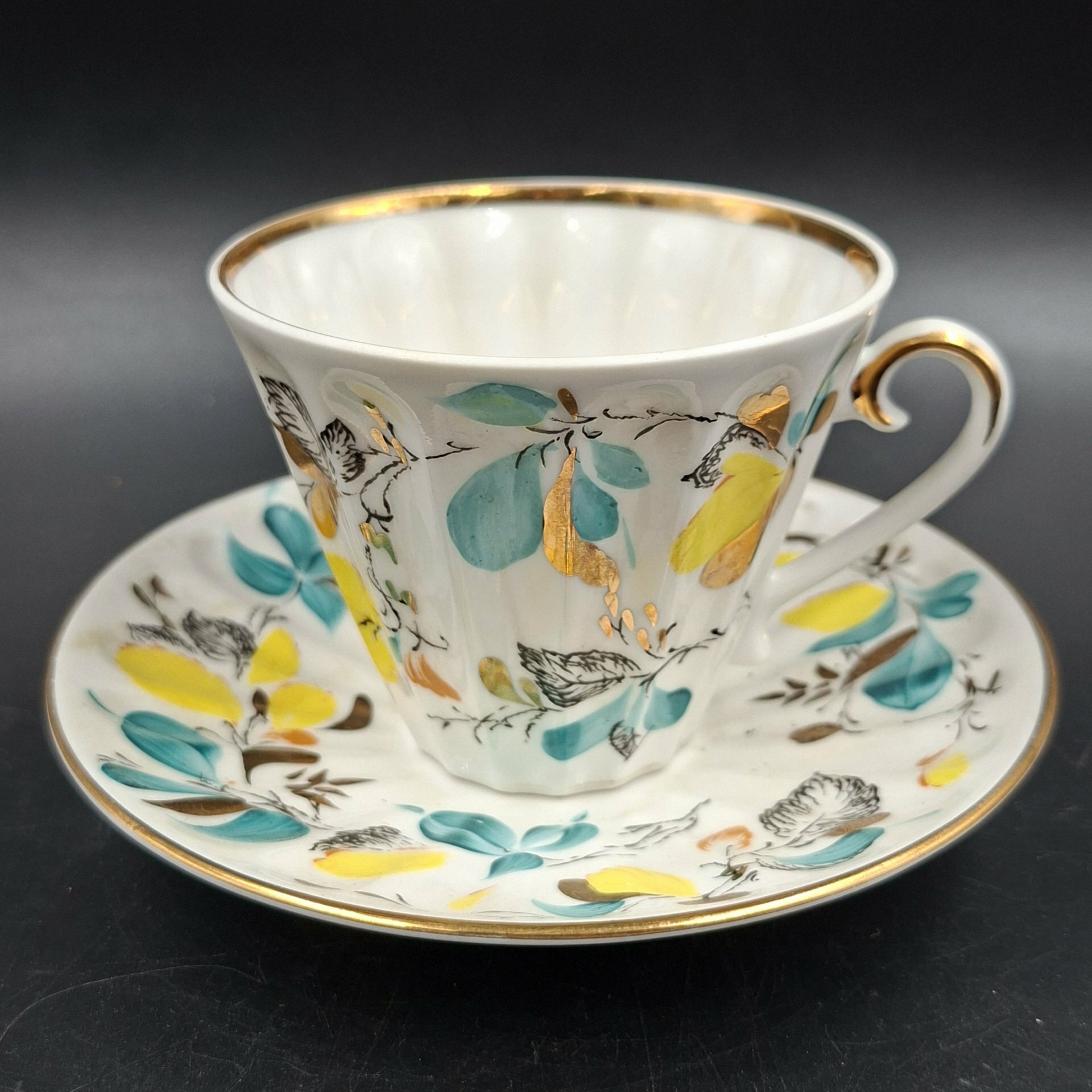 Пара чайная с растительным декором, форма "Лучистая", фарфор, деколь, роспись