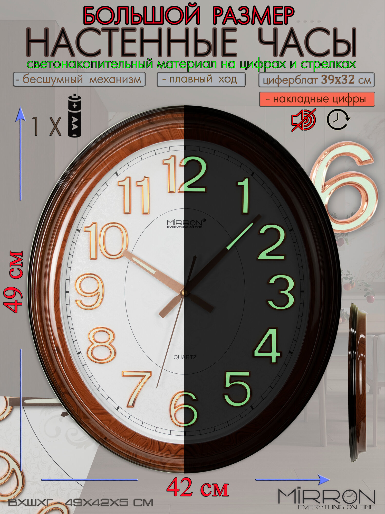 Большие настенные часы MIRRON P3017BN ДКБ/Бесшумные кварцевые часы/Корпус коричневый под дерево/Циферблат белый/Накладные цифры и стрелки со свето-накопительным материалом (светятся в темноте)/Подарочные часы/На юбилей/Для офиса/Для гостиной/В прихожую