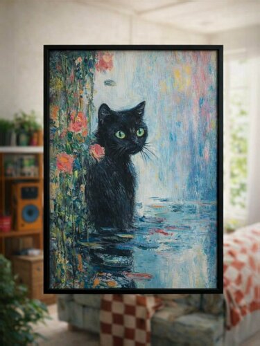 Изображение товара Постер на стену черный кот импрессионизм 30х40 см милый плакат на стену, интерьерный декор