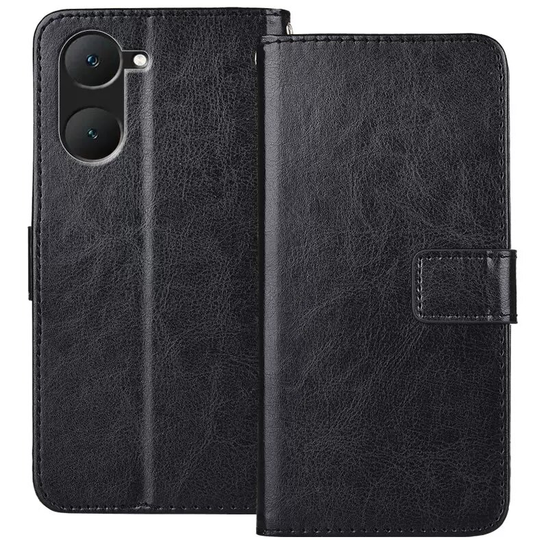 Чехол-кошелек для VIVO Y37 5G из черной кожи с подставкой, защитный и компактный