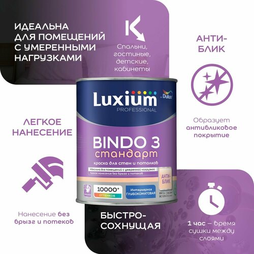 фото Краска для стен и потолков luxium by dulux professional bindo 3 глубокоматовая база bc прозрачная 0.9 л (без колеровки не использовать!)