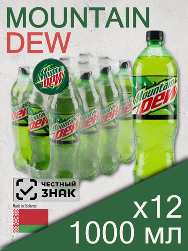 Изображение товара Mountain Dew, 1 л, 12 шт, пластиковая бутылка (газированный напиток Маунтин Дью, классический)