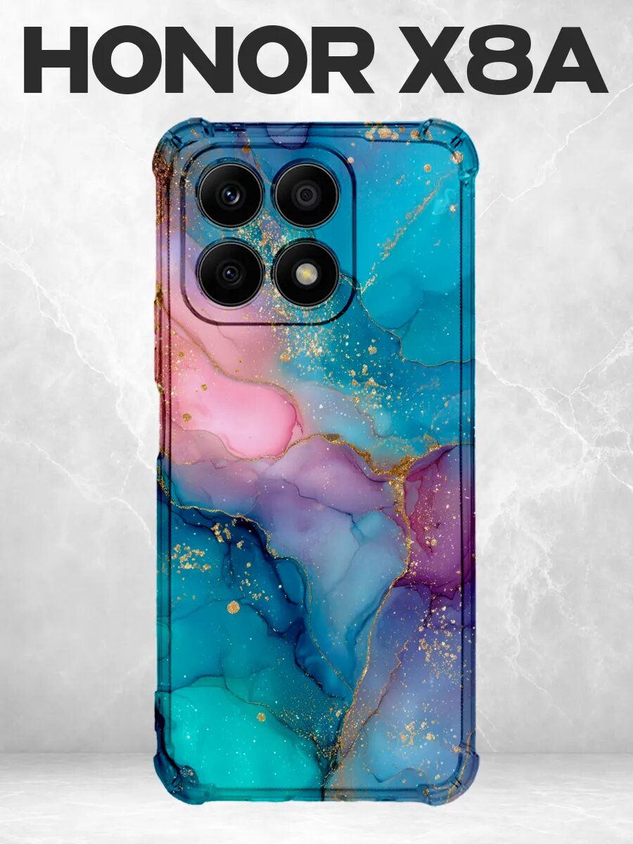 Чехол на Honor X8A мрамор бирюзово-розовый