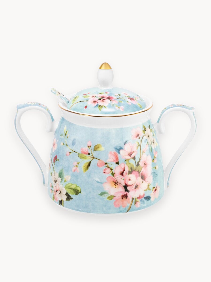 Сахарница с ложкой 400 мл Elan Gallery Яблоневый цвет на голубом, 15х10х11,5 см, фарфор