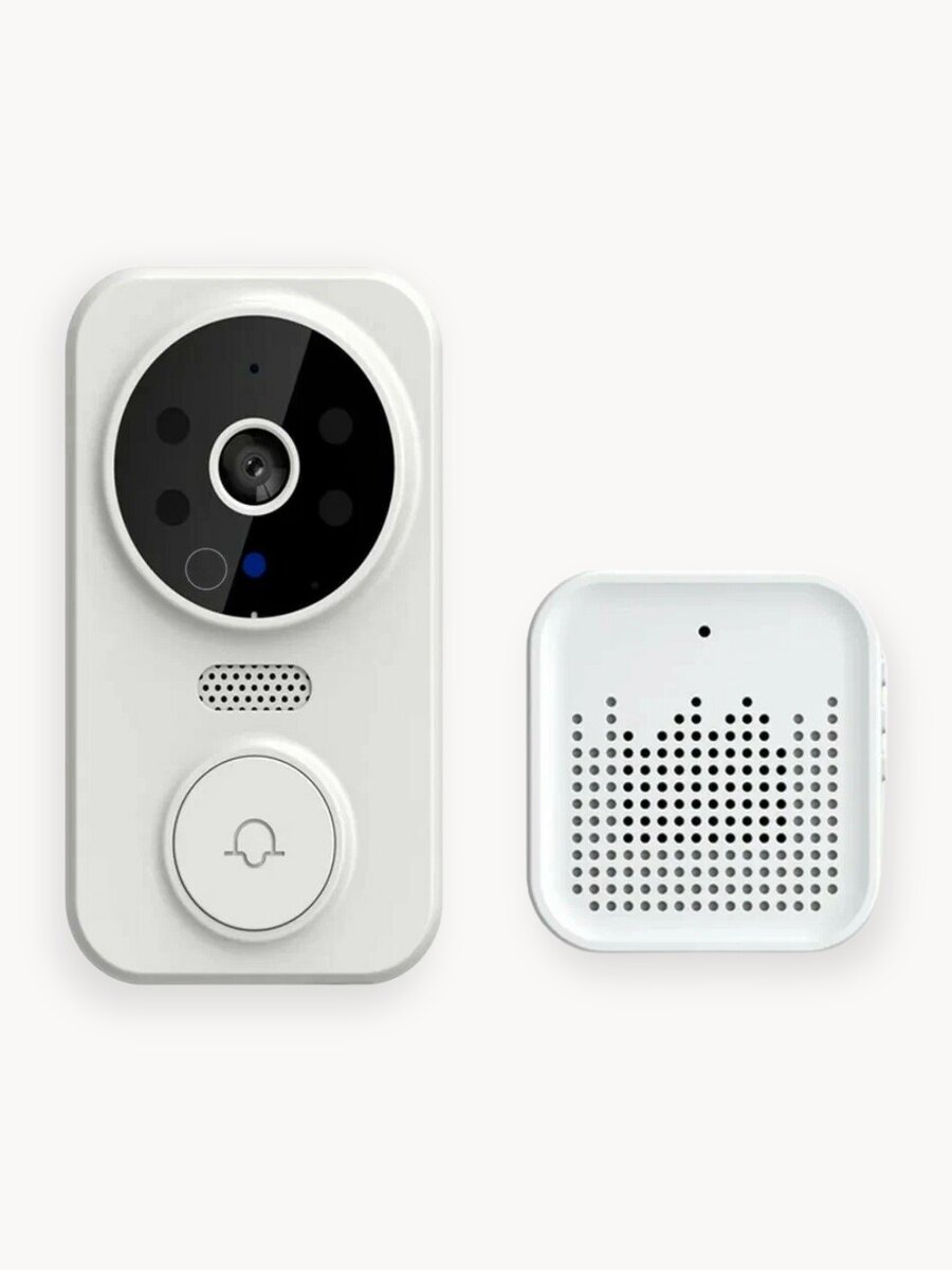 Дверной звонок беспроводной, дверной звонок с камерой, ночное видение, уведомления на смартфон, влагозащита, круглая кнопка, белый