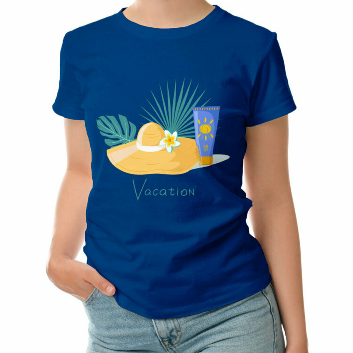 Женская футболка «Отпуск, шляпа, крем. Vacation» (темно-синий, 2XL)