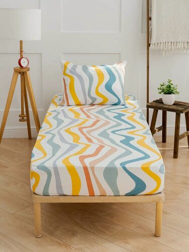 Изображение товара YERRNA Простыня на резинке 90х200+26 см, аналог икеа, 100% хлопок, перкаль, цветные полосы