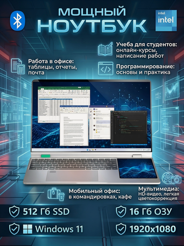 Изображение товара Ноутбук 15.6"Двухэкранный , Intel N95, RAM 16 ГБ, SSD 512 ГБ, Intel UHD Graphics, Windows Pro, серый , Русская раскладка