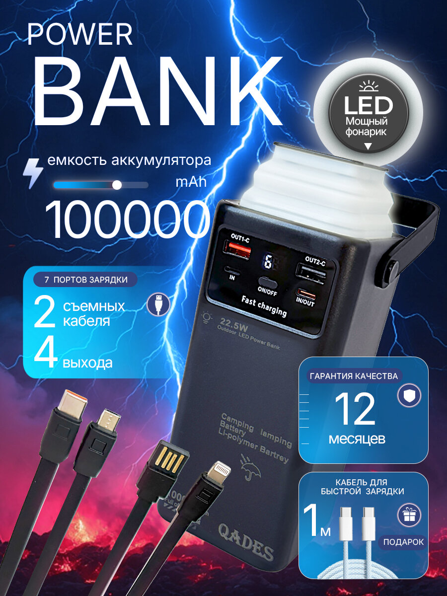 Повербанк 100000mah с быстрой зарядкой, съемными проводами и фонариком