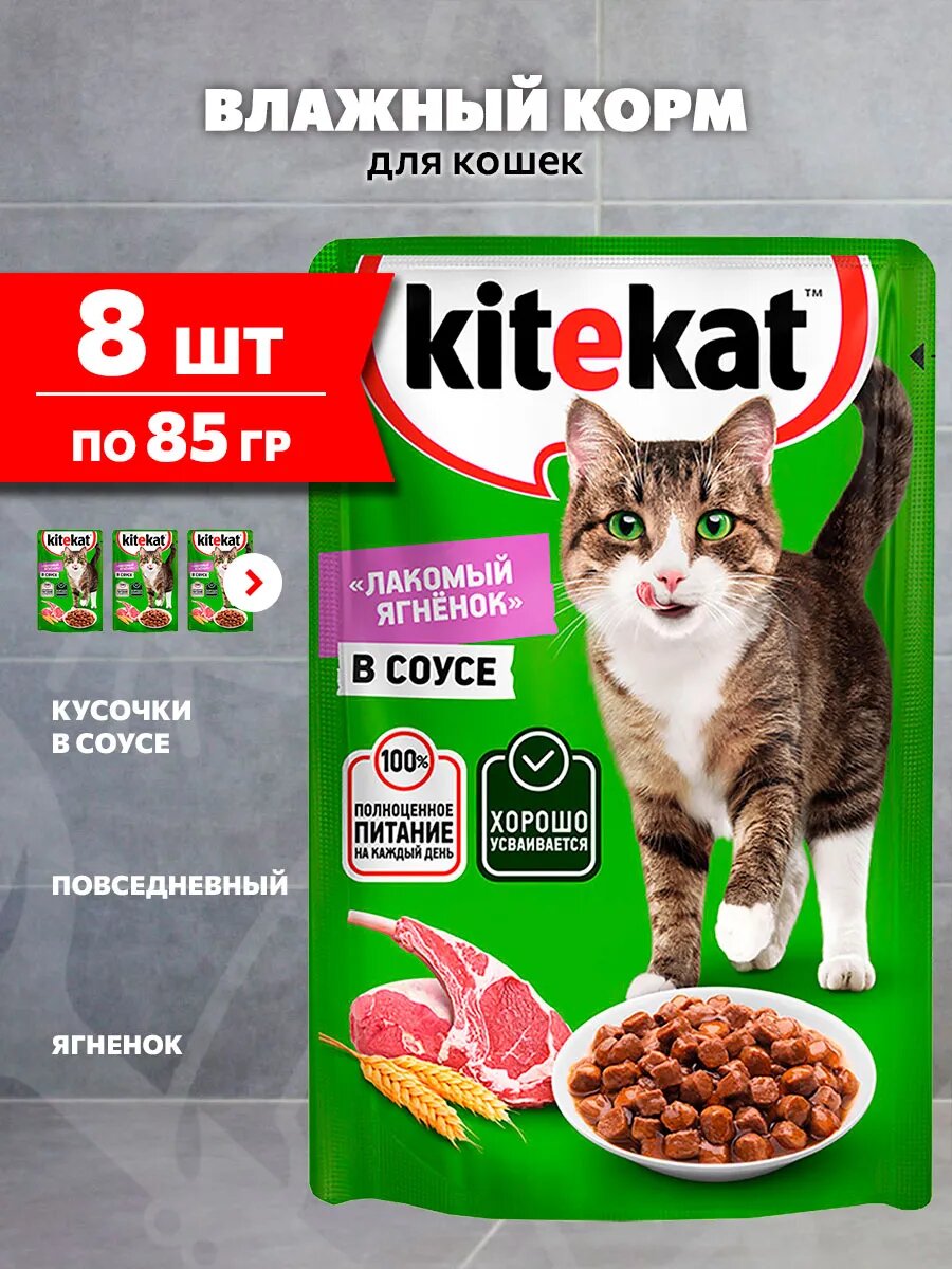 Корм влажный Kitekat для взрослых кошек, лакомый ягненок в соусе, 85 г 8 шт
