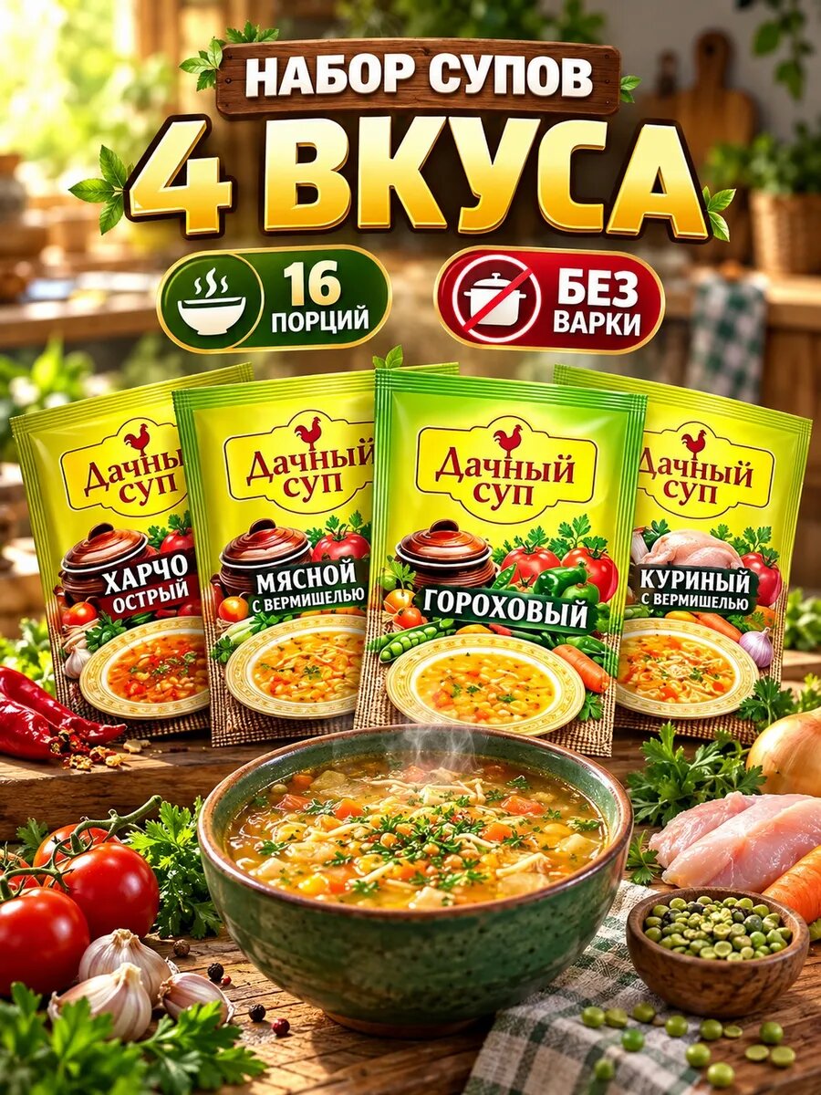 Набор супов 4 вкуса харчо мясной гороховый куриный 235г — супы быстрого приготовления