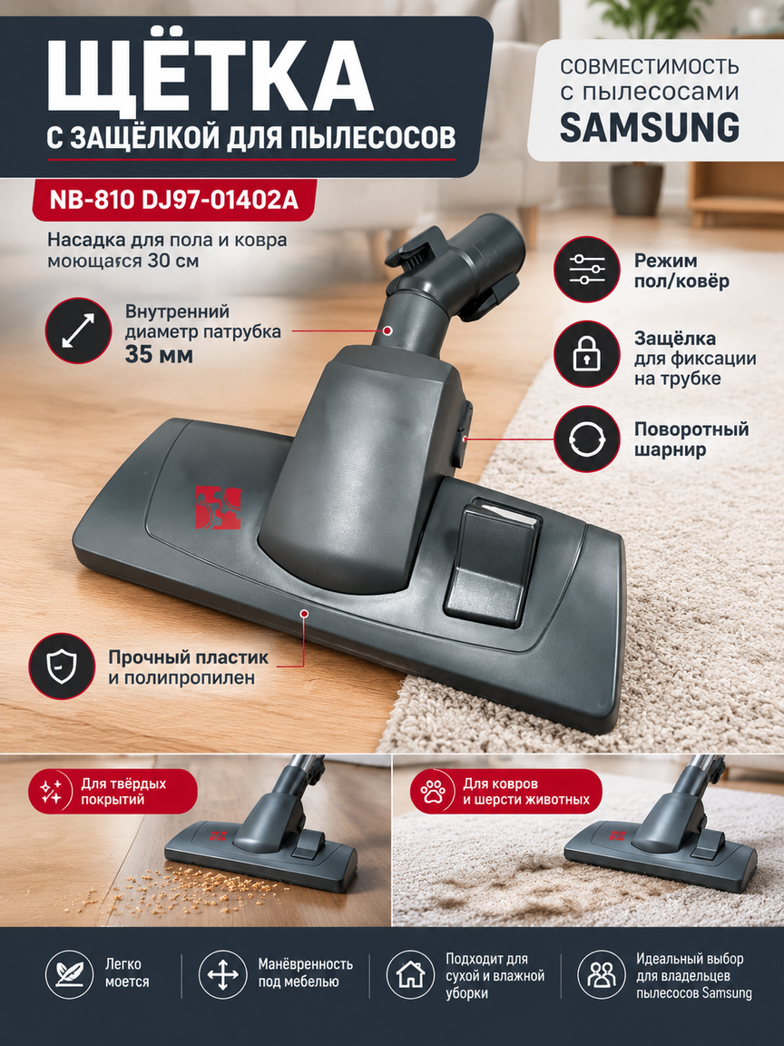 Щетка с защелкой для пылесосов, насадка для пола и ковра NB-810 DJ97-01402A, моющаяся 30 см