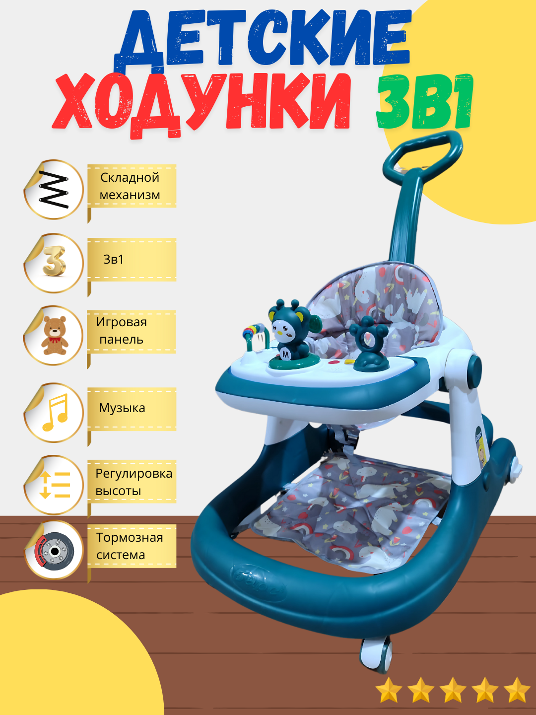 Ходунки, 3 в 1, для детей с рождения, звуковые, световые, развивающие и столом для кормления. — фото 1