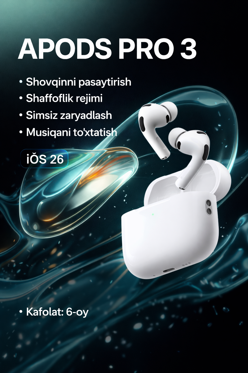 Наушники беспроводные AirPods Pro 3, шумоподавление, Bluetooth 5.3, 30 часов работы, люкс кория