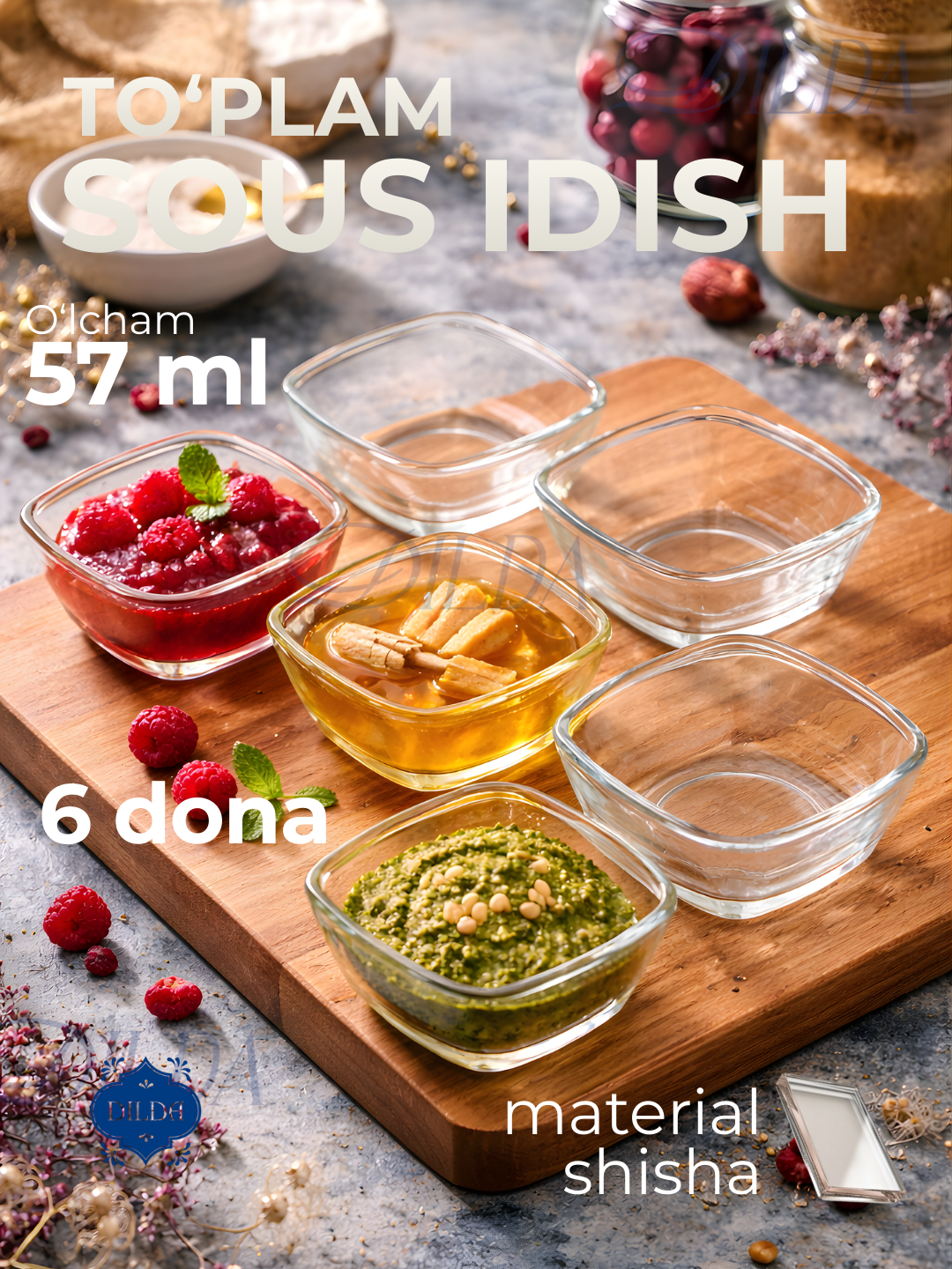 Набор стеклянных соусников 6 шт, квадратные посуды для соусов, специй, варенья