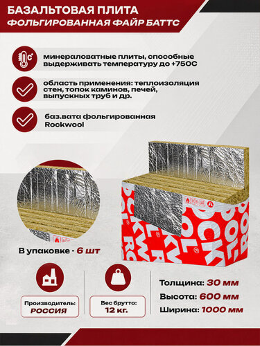 Изображение товара Базальтовая плита фольгированная Файр Баттс (FIRE BATTS) (1000х600х30мм) (6 шт)