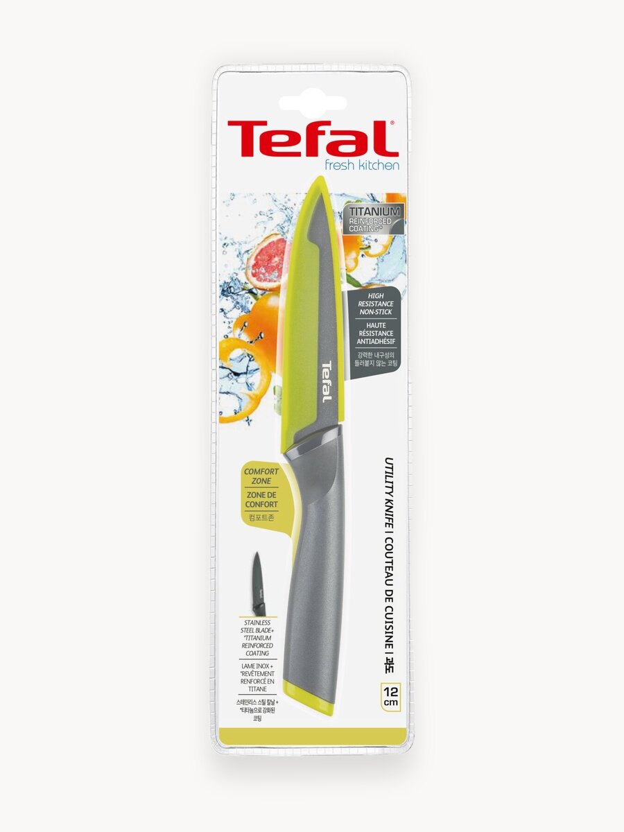 Нож кухонный Fresh Kitchen Tefal K1220704 12 см, универсальный, нержавеющая сталь, защитный чехол