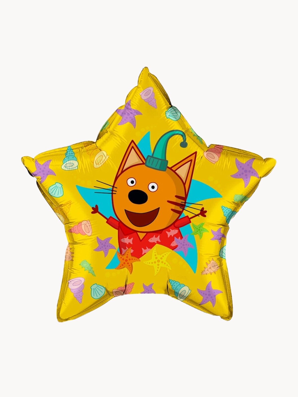 Воздушный шар фольгированный, звезда, Три кота, Компот на море (пляж), желтый, 56 см