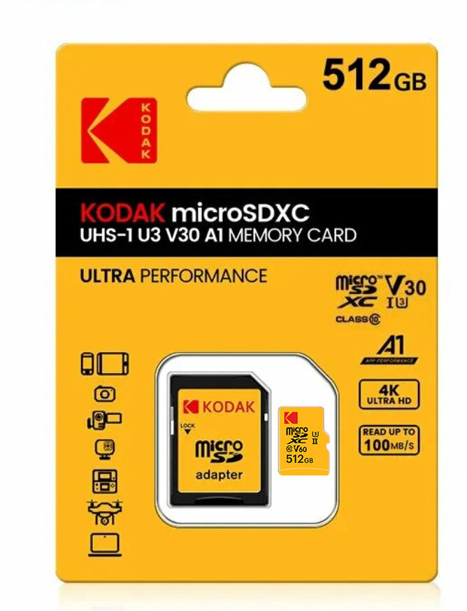 EKMSDM512GXCU3KWAY Карта памяти 512 ГБ MicroSDXC UHS-I U3/V30/A1 yellow card с адаптером