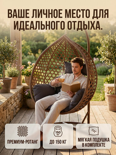 Изображение товара Подвесное кресло-кокон Сафира Премиум (Safira Premium) из искусственного ротанга с подушкой, коричневое