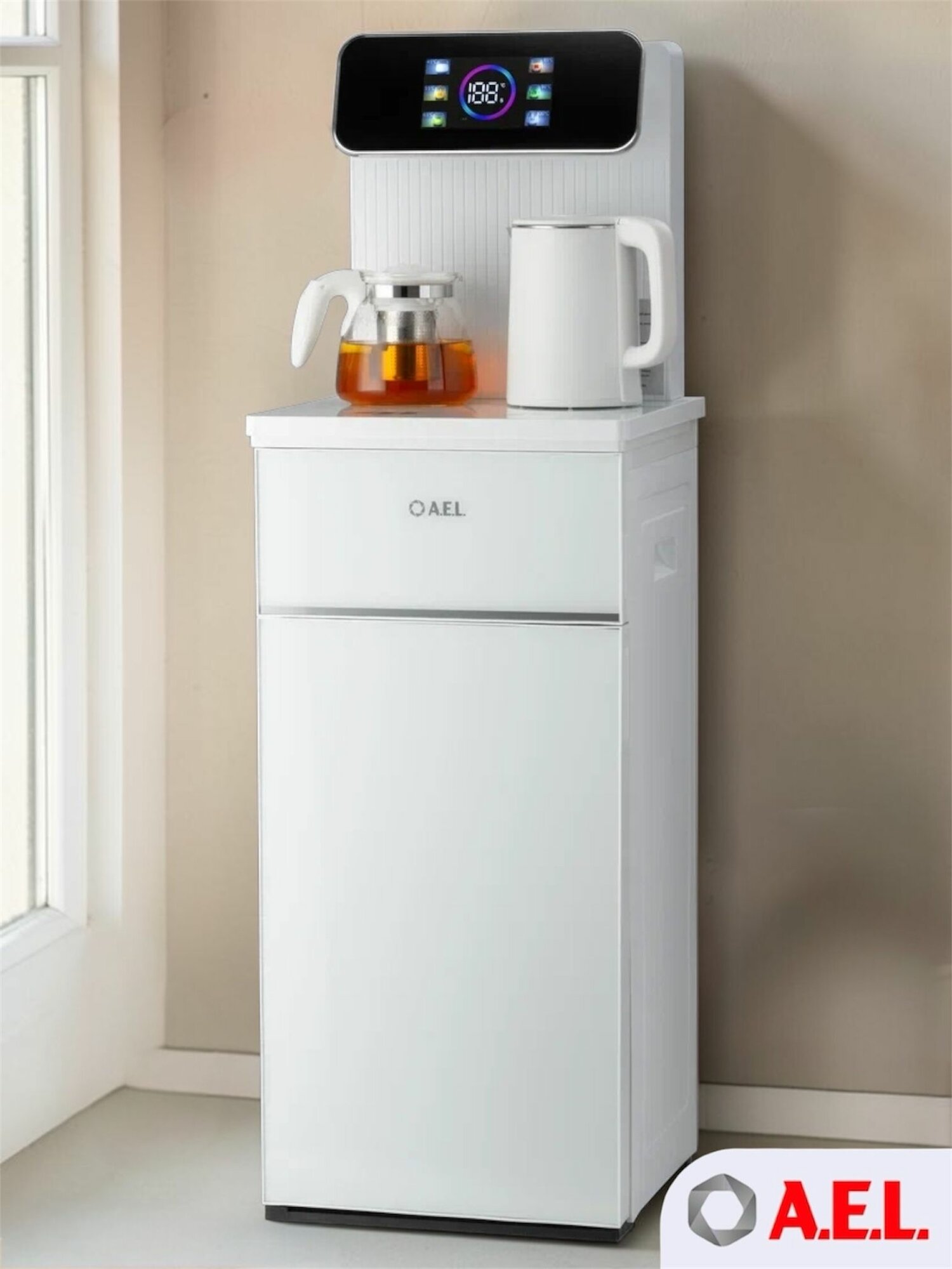 Кулер с чайным столиком Тиабар AEL LD TB84a white, с электронным охлаждением сенсорным дисплеем и встроенным шкафчиком