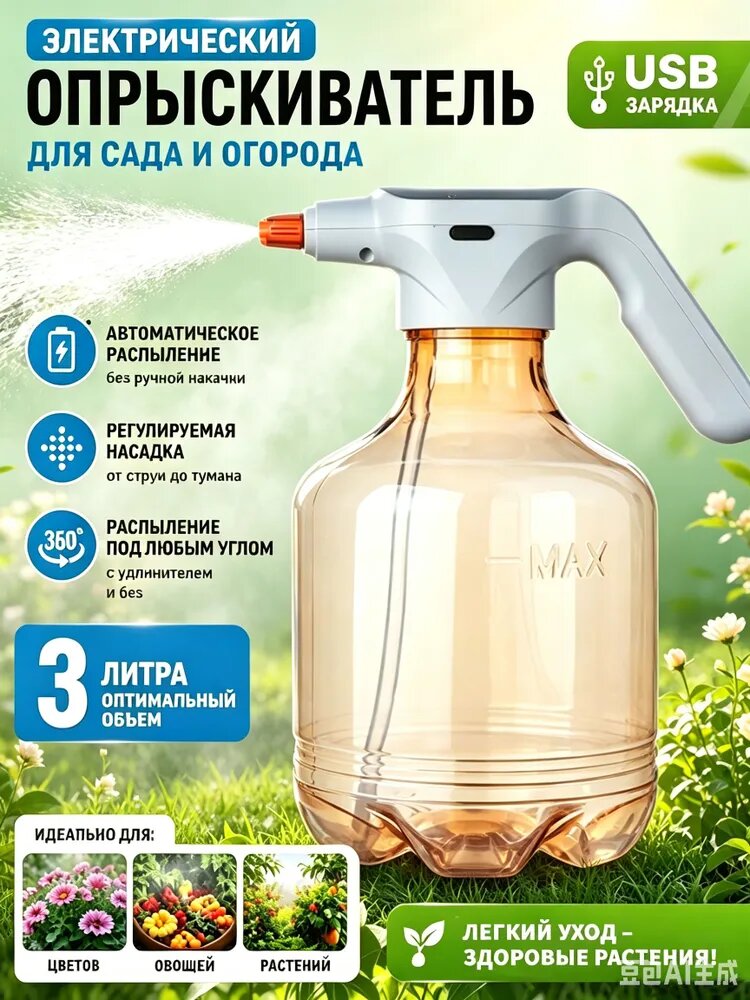 Пульверизатор электрический садовый 3 л, с USB-зарядкой и регулировкой струи