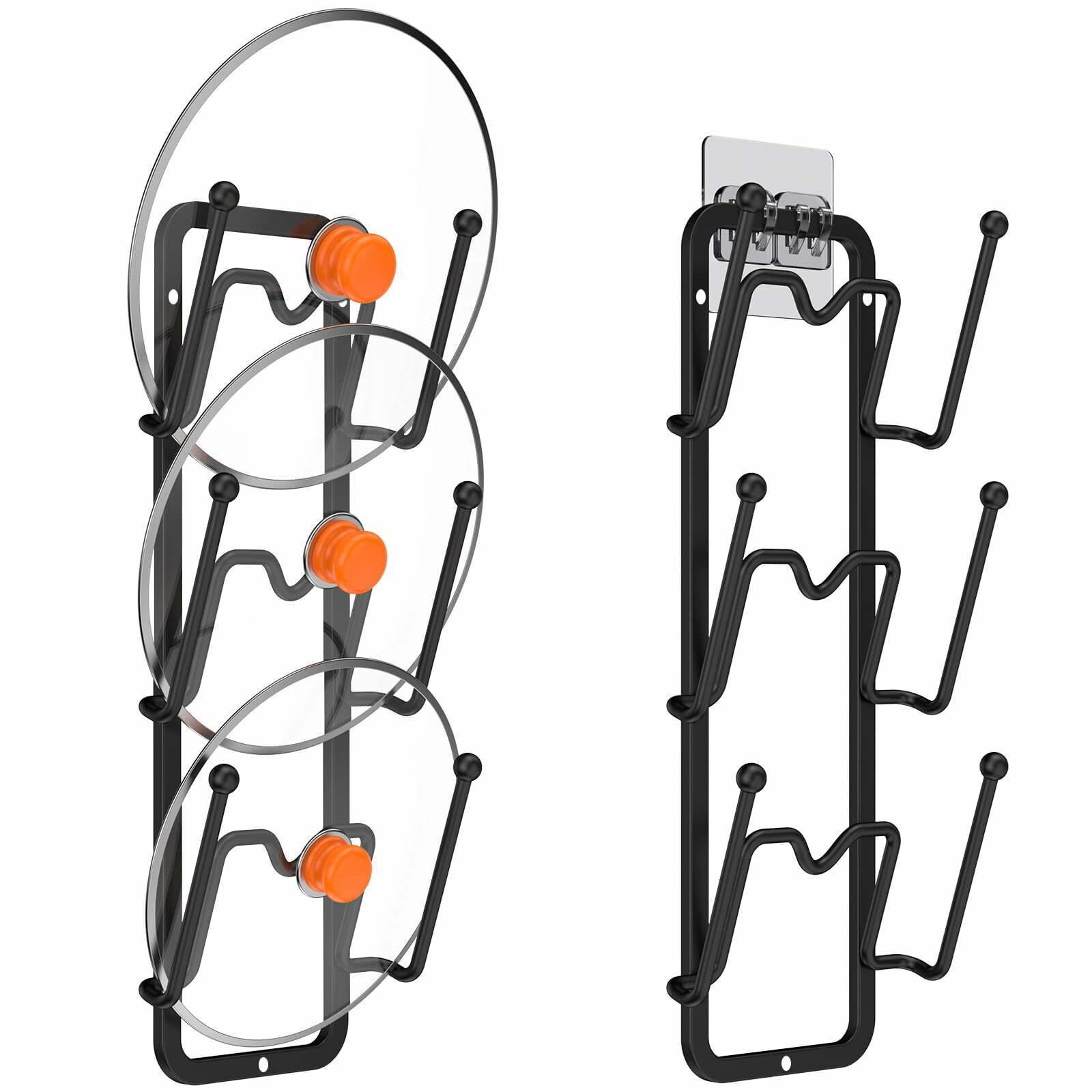 Paquete de 2 organizadores para tapa de olla, soportes para tapa de olla para gabinete de cocina, autoadhesivos/perforantes, soporte para cubierta de olla montado en la pared/puerta, ollas