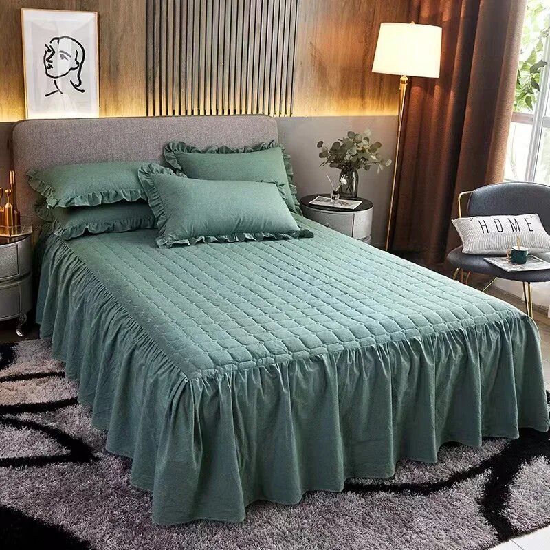 Стеганая юбка-кровать из хлопка, 120x200x45 см Темно-зеленый, 2 pillowcase 48x74cm, green
