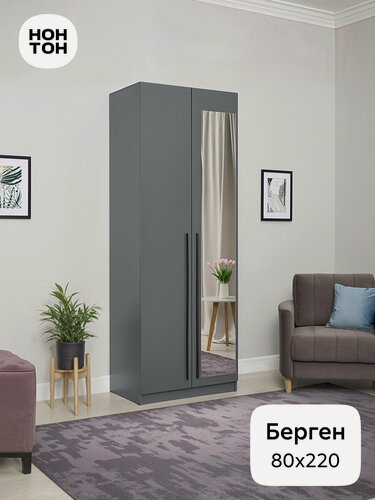 Изображение товара Шкаф для одежды Нонтон Берген, 80х52х220 см, 1 зеркало, серый графит