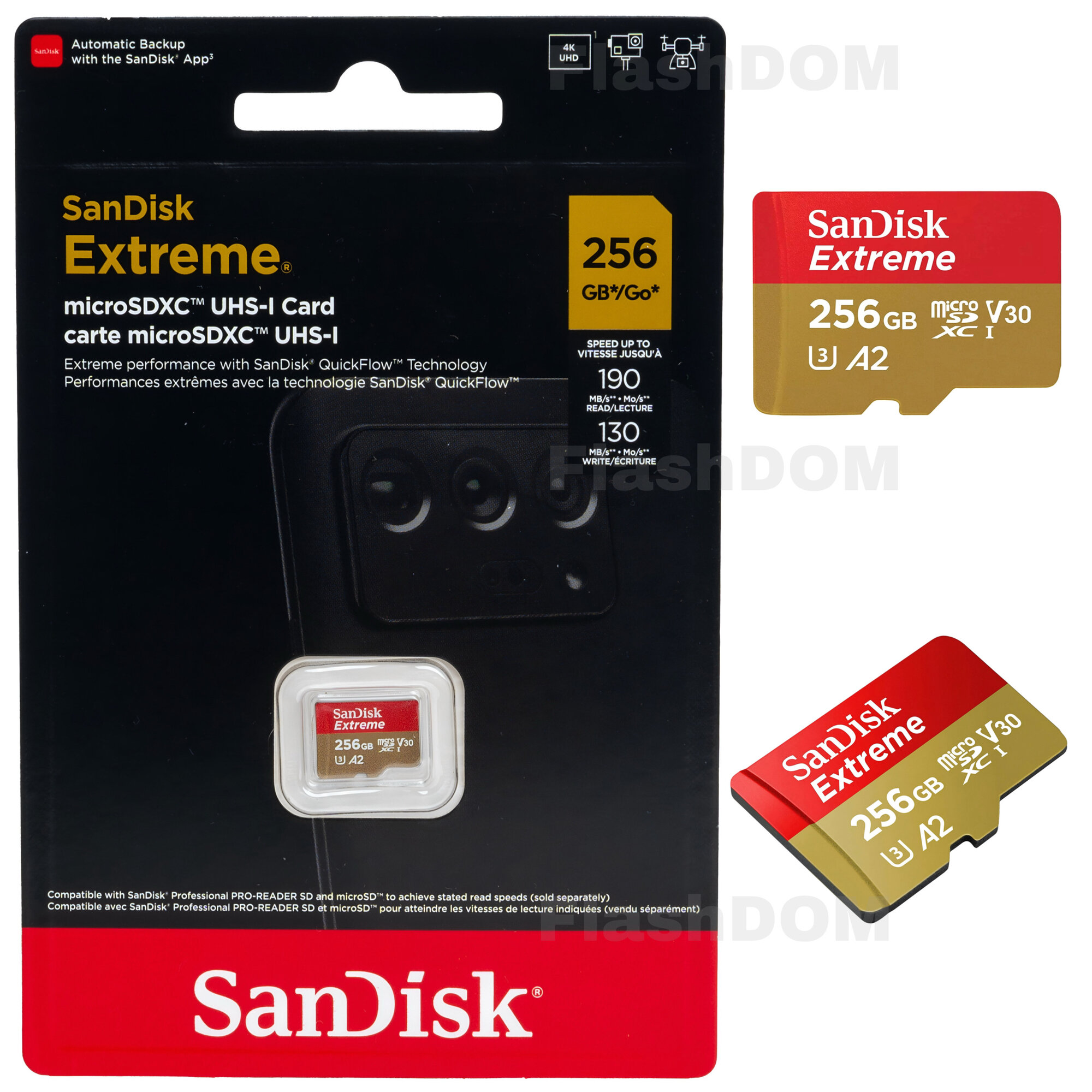 Карта памяти SanDisk Extreme microSDXC 256 ГБ Class 10 UHS-I U3, V30, A2 (R/W 190/130 Mb/s)