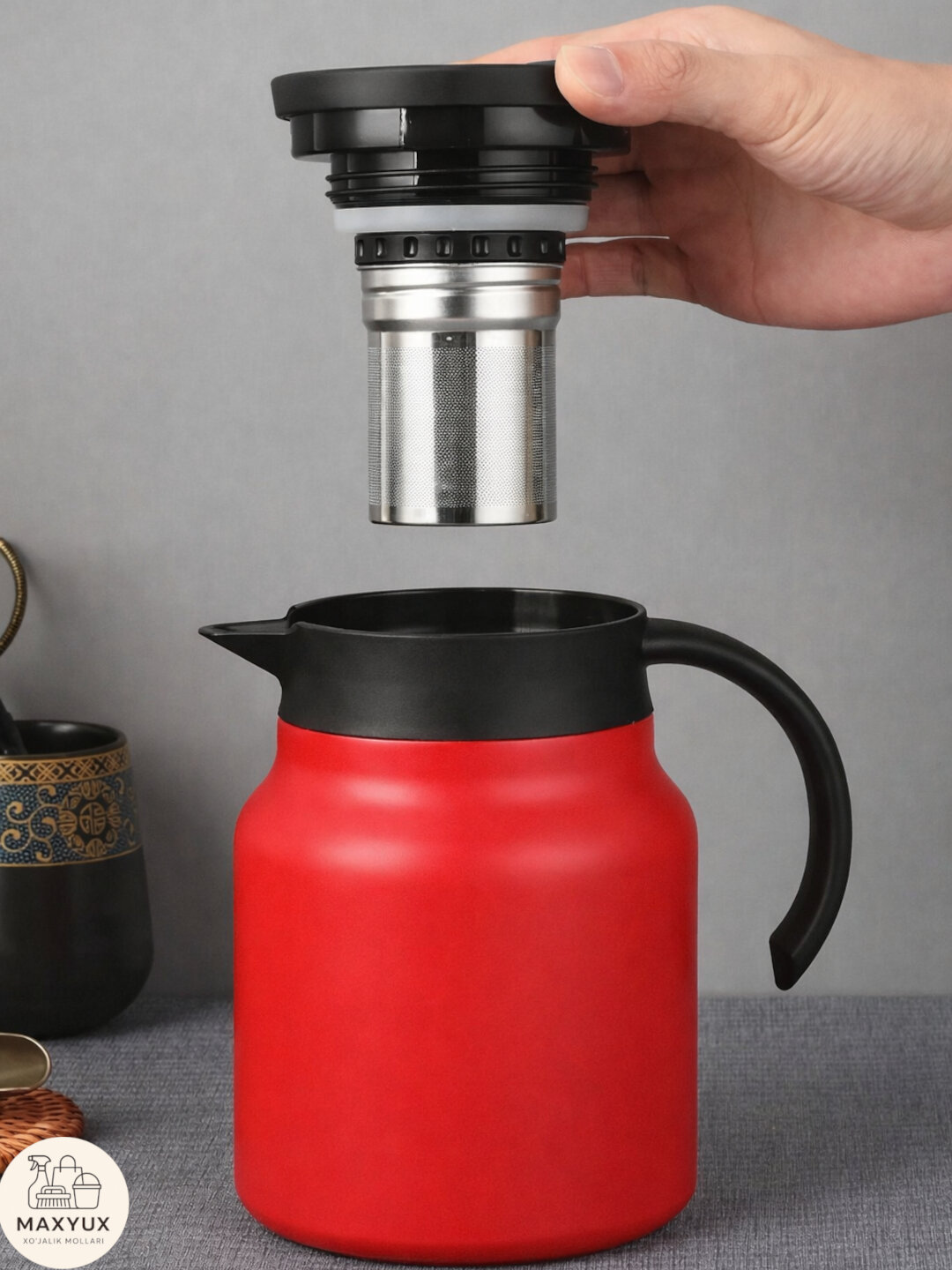 Термос чайник, металлический, вакуумный, для горячего чая и кофе - Красный