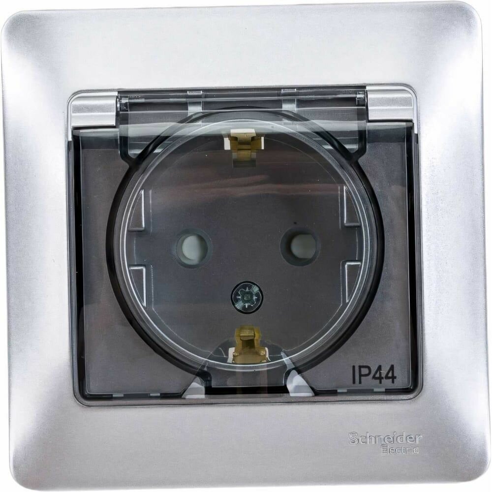 Розетка 1-м СП Glossa 16А IP44 с заземл. защ. шторки с крышкой в сборе алюм. SE GSL000348