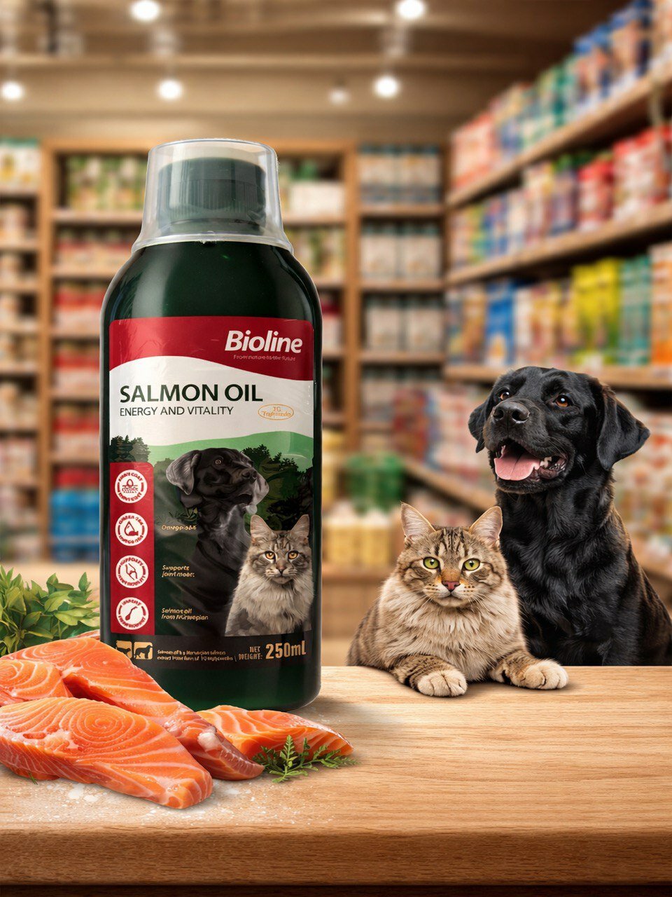 Масло лосося Bioline для кошек и собак – энергия, здоровая кожа и блестящая шерсть.