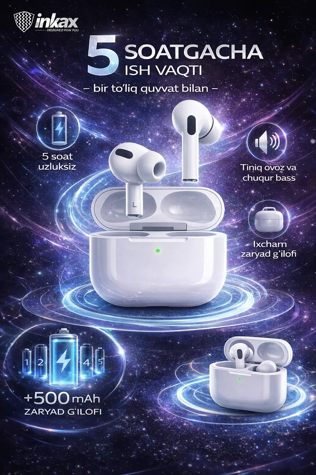 Наушники INKAX "T07", беспроводные, с кейсом, Bluetooth, до 5 ч работы