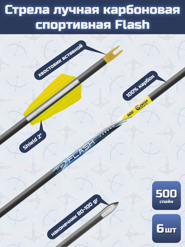 Изображение товара Стрела лучная карбоновая спортивная Centershot Flash 500 оперение Shield 2", 6 шт.