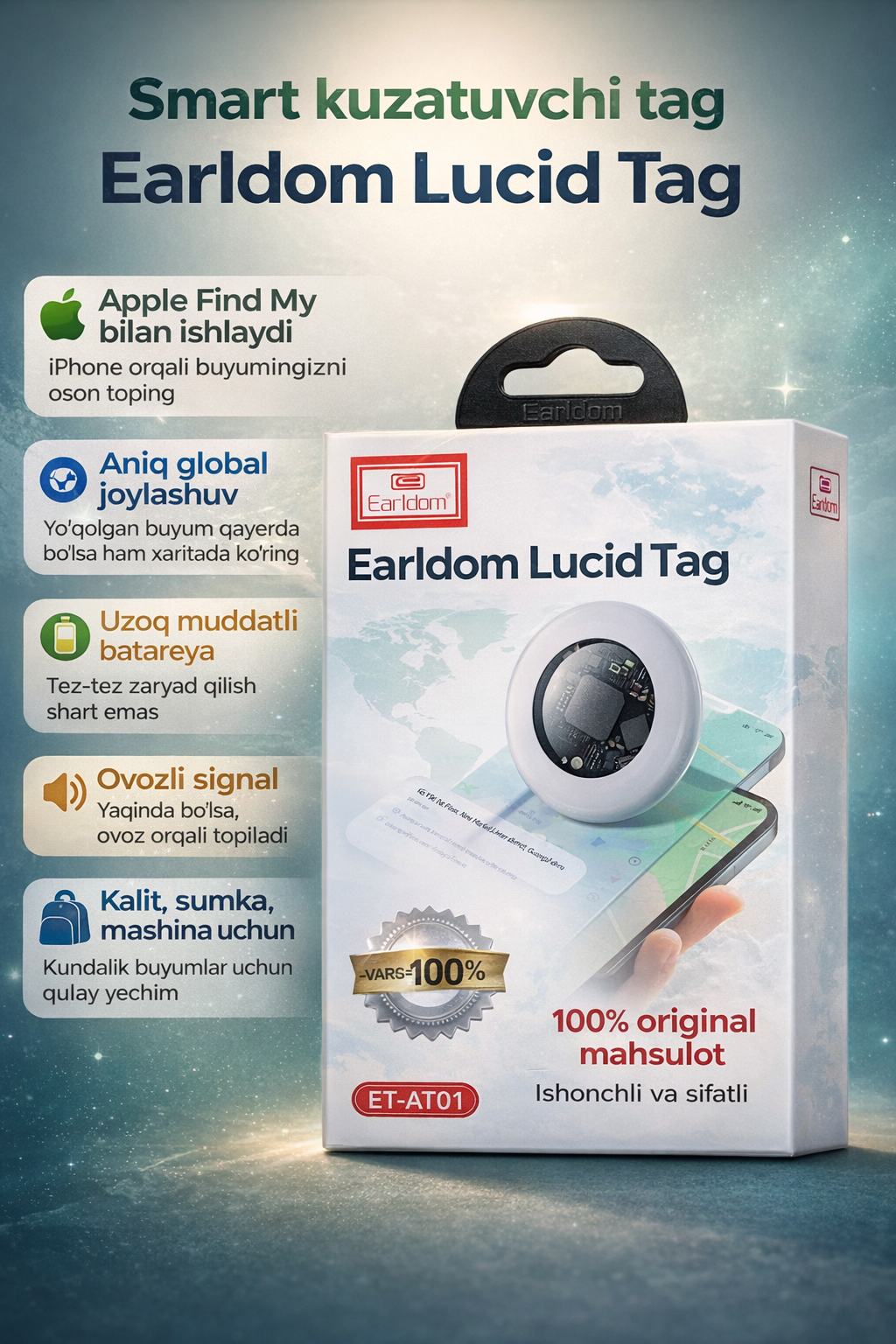 Быстро находите потерянные вещи с помощью iPhone! Умный трекер EARLDOM ET AT91 с поддержкой Apple Find My обеспечивает