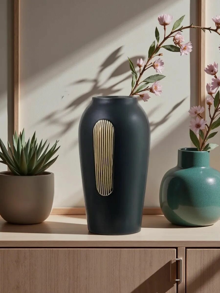 Ваза керамическая настольная, размер 25*12*12см, цвет черный с золотым — фото 1