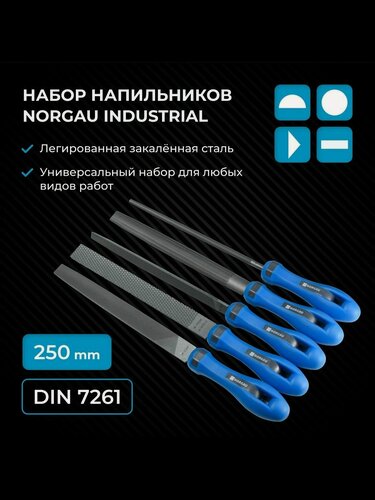 Изображение товара Набор напильников по металлу NORGAU Industrial 250 мм из высоколегированной стали 64-66 HRC в сумке-скатке, 5 штук