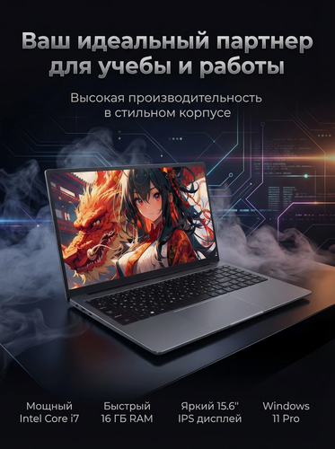 Изображение товара Intel Core i7 - 15,6-дюймовый ноутбук с SSD 512GB, Intel UHD, Windows 11, 16GB RAM Глубокий серый