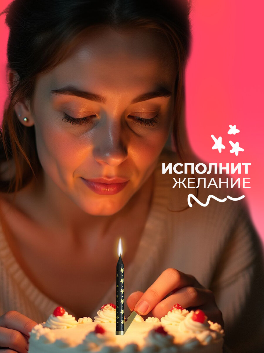 Свечи Страна Карнавалия "Birthday party", парафиновые, для торта, золотистые/черные, 6 шт. — фото 1