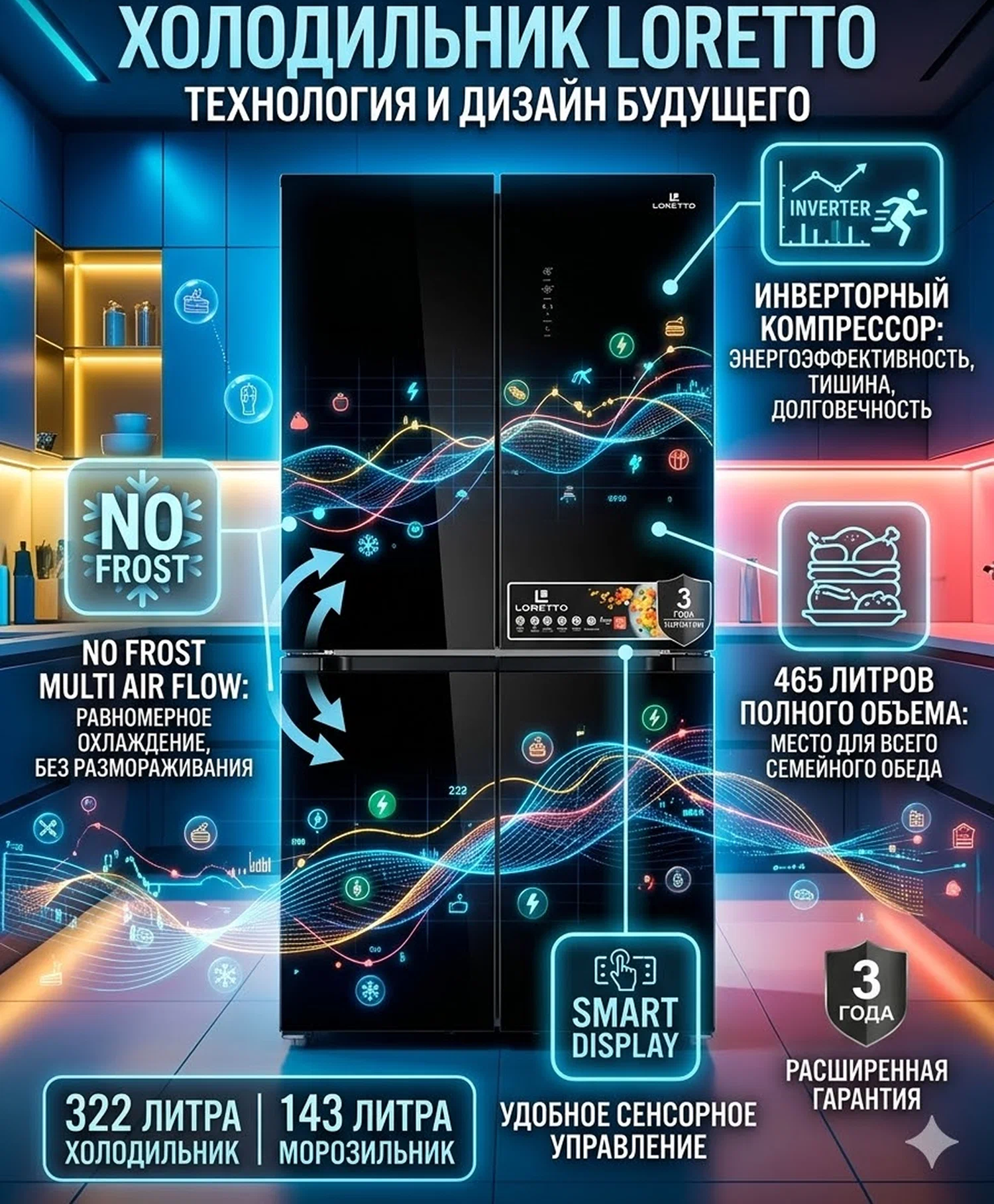 Холодильник Loretto LRF-510 GBL black, 490 литра, No Frost, Inverter, Multi Air Flow, Eco Mode, 3 гарантия