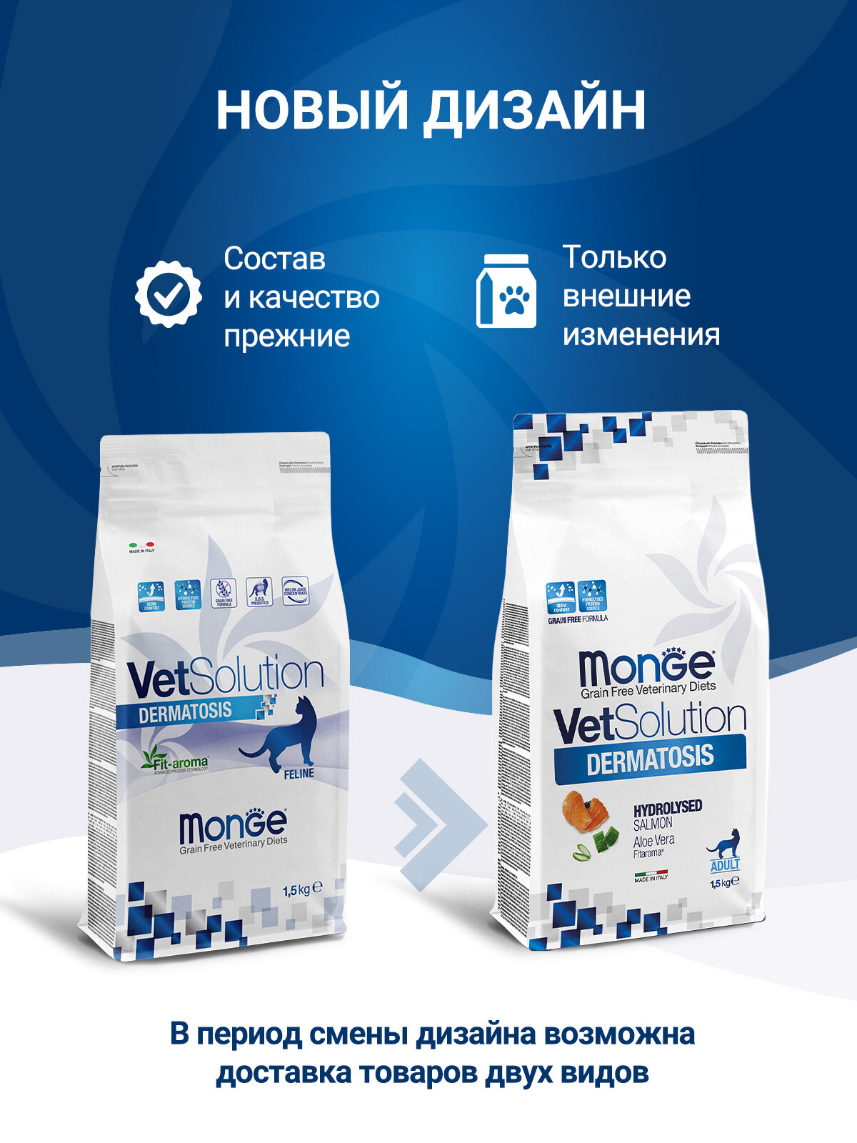 Диетический корм для кошек Monge VetSolution Cat Dermatosis Дерматозис при заболеваниях кожи 1,5 кг